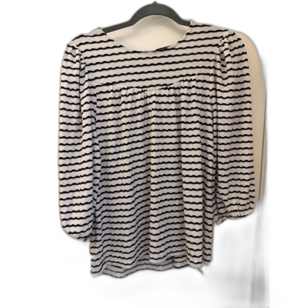 Ann Taylor Factory Striped Blouse Size S Black White Puff Sleeve Top - Picture 3 of 6